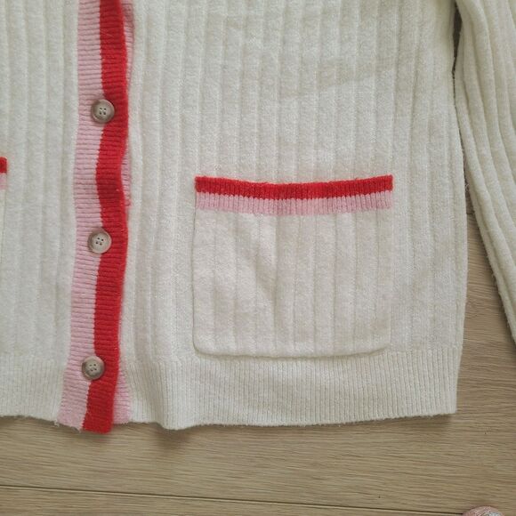Loft Cardigan Sweater XL Cream Red Pink Soft Knit V-Neck Button-Front - Picture 5 of 9